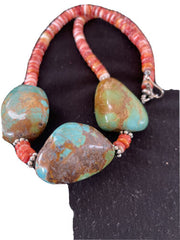 Chunky Turquoise and Red Spiny Oyster Necklace | Navajo Pearls | Sterling Silver | 22" | Native American Handmade | 1238