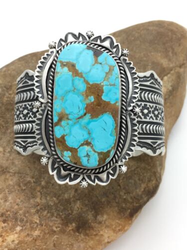 Navajo Men's Turquoise #8 Cuff Bracelet | Sterling Silver | Authentic Native American Handmade | 13646