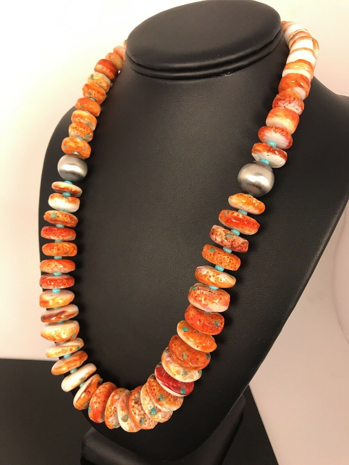 Navajo Orange Spiny Oyster Turquoise Necklace | Sterling Silver | Native American Handmade | 22" | 01822