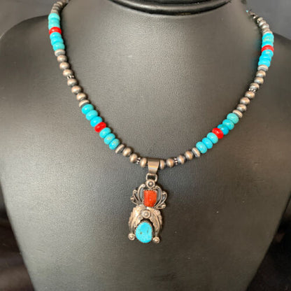 Navajo Sterling Turquoise Onyx Multi-Color Inlay Pendant | Southwestern Necklace | 21" | 13838