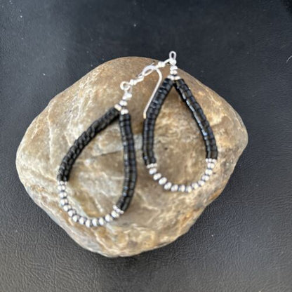 Native American Black Onyx Dangle Earrings | Sterling Silver Heishi Bead | 2" | 14427 - Masha USA