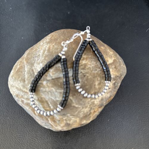 Native American Black Onyx Dangle Earrings | Sterling Silver Heishi Bead | 2" | 14427 - Masha USA