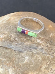 Southwestern Navajo Green Gaspeite Sugilite Red Coral Inlay Ring | Sz 7 | 02255