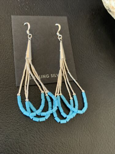 Handmade Liquid Silver Heishi Dangle Earrings | Blue Turquoise | Sterling Silver | 2" | 13049