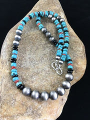 Southwestern Navajo Blue Turquoise Spiny Oyster Necklace | Sterling Silver | 18" | 10045