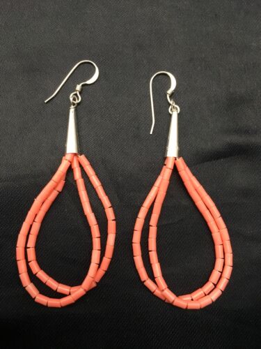 Navajo Pink Coral Heishi Dangle Earrings | Liquid Sterling Silver | 2 Strand | Authentic Native American | 4398