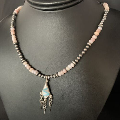 Navajo Mother of Pearl Turquoise Inlay Pendant with Pink Opal Bead Necklace | Sterling Silver | 13457