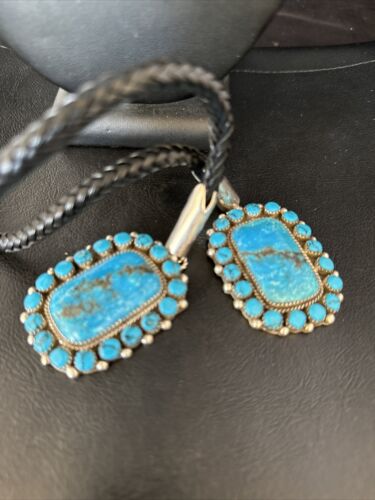 Navajo Blue Kingman Turquoise Bolo Tie | Sterling Silver | Authentic Native American Handmade | 14228