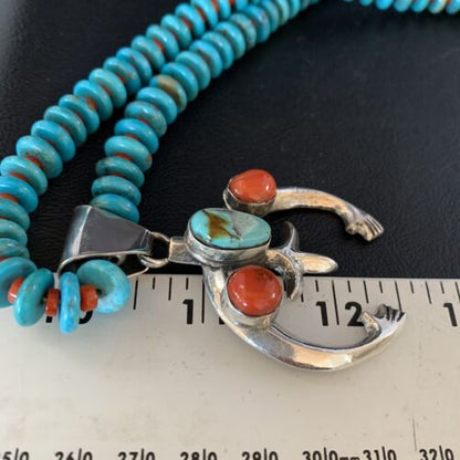 Navajo Sterling Silver Necklace | Blue Turquoise & Coral Naja Pendant | Authentic Native American Handmade | 13748