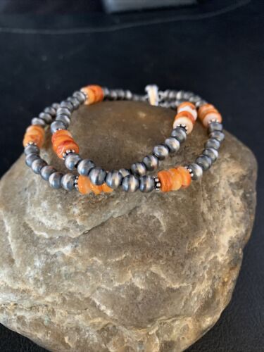 Navajo Pearls Sterling Silver Orange Spiny Oyster Bead Bracelet | 7.5" | Authentic Native American Handmade | 13801