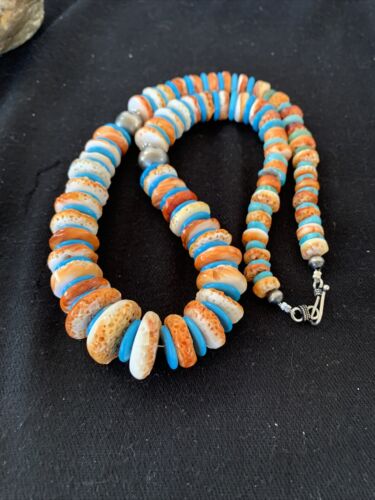 Navajo Pearls & Spiny Oyster Turquoise Necklace | Sterling Silver | Graduated | Authentic Native American | 23" | 00744