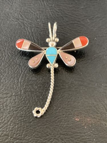 Turquoise & Mother of Pearl Inlay Dragonfly Necklace Pin Pendant | Zuni Sterling Silver | Native American Handmade | 12324