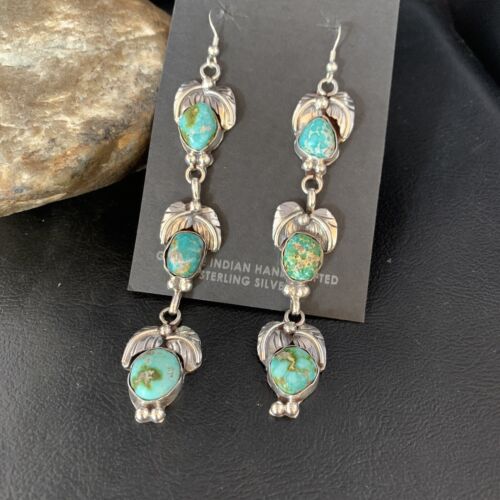 Navajo Sonoran Gold Turquoise Earrings | Sterling Silver | 3 Dangle | Authentic Native American Handmade | 13922
