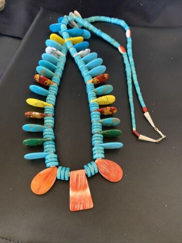 Native American Santo Domingo Spiny Turquoise Necklace | 40" | Sterling Silver | 12066 - Masha USA