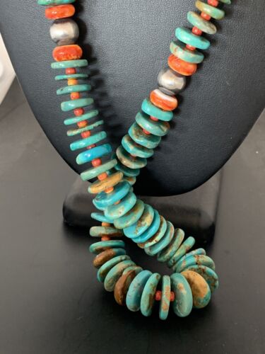 Navajo Sterling Silver Necklace | Natural Green Turquoise & Spiny Oyster | Graduated | Authentic Native American | 28" | 00328