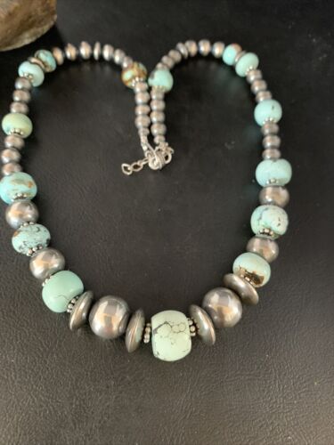 Dry Creek Turquoise Navajo Pearls Beaded Necklace | Sterling Silver | 21" | Authentic Native American Handmade | 14102 - Masha USA
