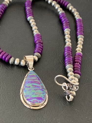 Navajo Purple Sugilite Necklace with Faux Opal Pendant | Sterling Silver | Authentic Native American Handmade | 01916