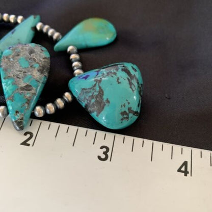 Southwestern Navajo Pearls Necklace | Sterling Silver | Blue Turquoise Teardrop | 13156