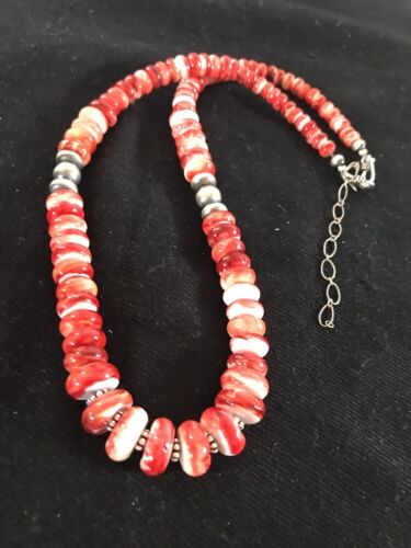 Navajo Red Spiny Oyster Necklace | Sterling Silver | Authentic Native American | Graduated 18" | 12715