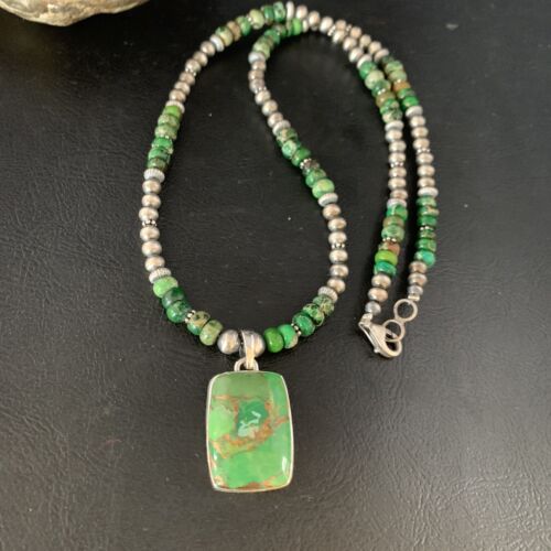 Navajo Pearls Green Mojave Turquoise Pendant Necklace | Sterling Silver | Native American Handmade | 13465