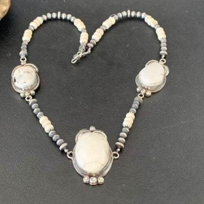 Navajo Pearls White Buffalo Turquoise Necklace Pendant | Sterling Silver | Authentic Native American Handmade | 10804 - Masha USA