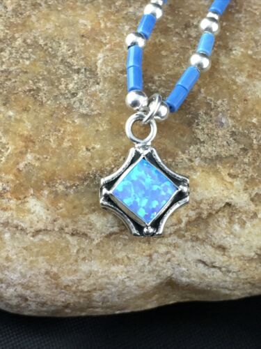 Children's Lapis Heishi Bead Necklace with Opal Pendant | Sterling Silver | 17" | 10126 - Masha USA