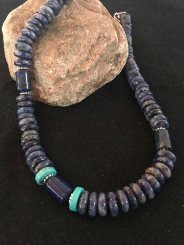 Native American Denim Lapis Turquoise Beads Necklace | Sterling Silver | Men's | 20" | 1281