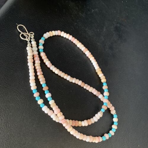 Navajo Blue Turquoise Pink Opal Bead Necklace | Sterling Silver | Authentic Native American Handmade | 22" | 13592