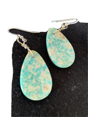 Navajo Slab Turquoise Dangle Earrings | Sterling Silver | Authentic Native American Handmade | 1356