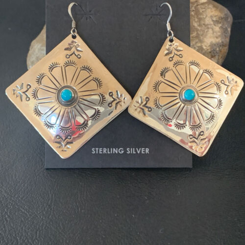 Navajo Turquoise Stamped Earrings | Sterling Silver | Authentic Native American Handmade | 1203