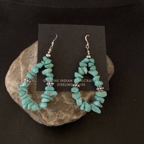 Navajo Turquoise Bead Nugget Earrings | Sterling Silver Pearls | 2" | Authentic Native American Handmade | 12888