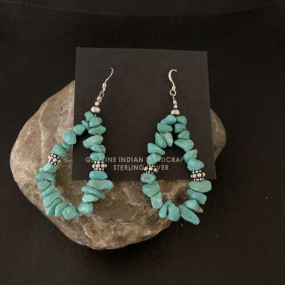 Navajo Turquoise Bead Nugget Earrings | Sterling Silver Pearls | 2" | Authentic Native American Handmade | 12888