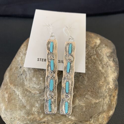 Navajo Turquoise Dangle Earrings | Sterling Silver | 2" Long | Authentic Native American Handmade | 12122
