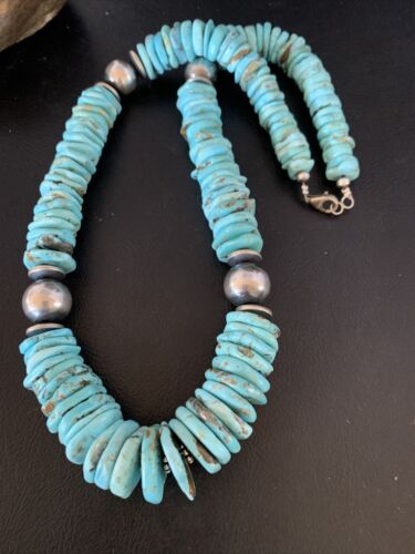 Authentic Native American Navajo Sterling Silver Necklace | Natural Turquoise #8 | Graduated Design | 28" | 13212