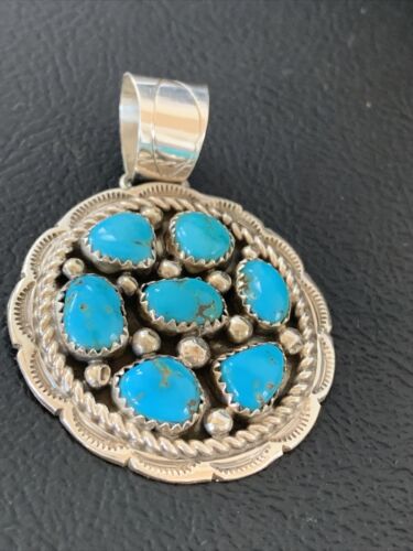 Navajo Blue Kingman Turquoise Cluster Pendant | Authentic Native American Sterling Silver | Multi-Stone | 2" | 02095