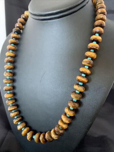 Southwestern Navajo Tigers Eye Necklace with Turquoise | Sterling Silver | 19" | 1496