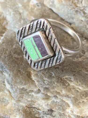 Navajo Multi-Color Green Gaspeite Sugilite Inlay Ring | Sterling Silver | Sz 6.25 | 13135