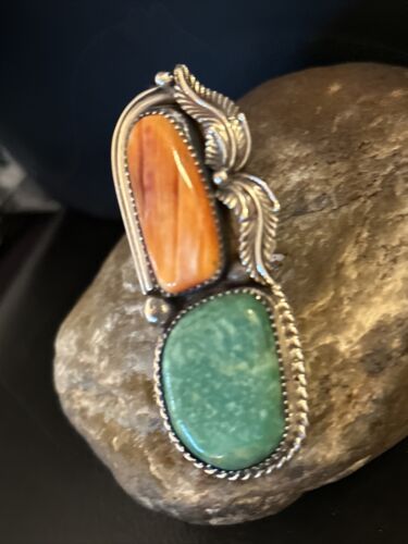 Navajo Turquoise Spiny Oyster Multi-Stone Ring | Authentic Native American Sterling Silver | Multi-Stone | Sz 8 | 14494