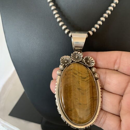 Men's Navajo Pearls Necklace with Sterling Silver Coffee Tigers Eye Pendant | Authentic Native American Handmade | 01771