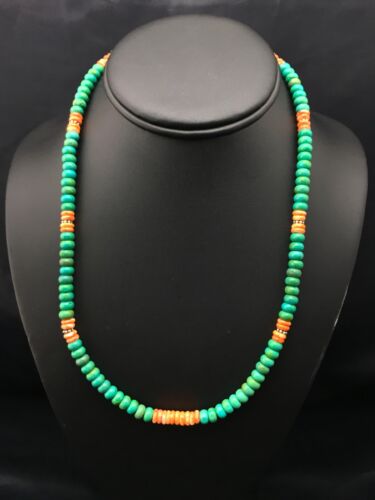 Navajo Green Turquoise & Spiny Oyster Necklace | Sterling Silver | 19" | Authentic Native American Handmade | 4488