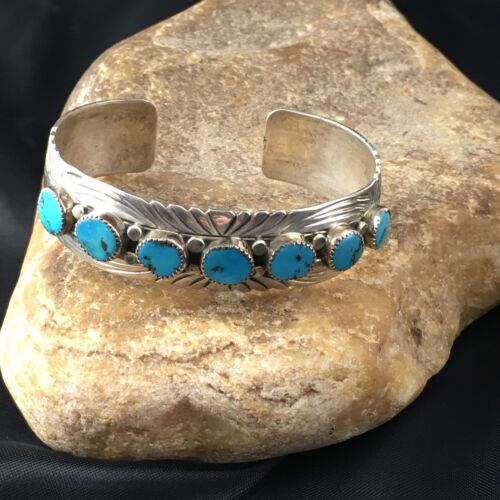 Native Navajo Sterling Silver Blue Kingman Turquoise Cuff Bracelet 1962