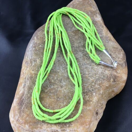 Native American Green Gaspeite Tube Heishi Necklace | 5 Strand | Sterling Silver | 19" | 10258