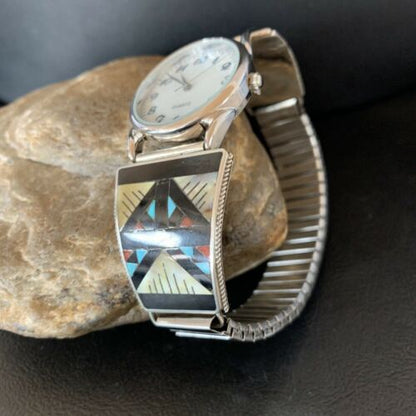 Navajo Men's Watch Tips | Sterling Silver with Onyx, Coral, Turquoise Inlay | Authentic Native American Jewelry | 11576