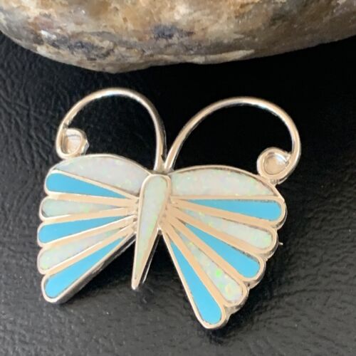 Zuni Blue Turquoise White Opal Butterfly Necklace Pin Pendant | Sterling Silver | 11972