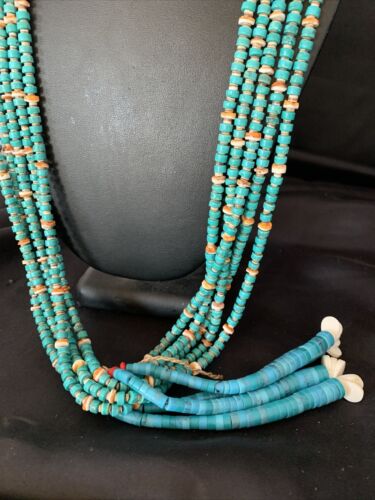 Native American Santo Domingo Spiny Blue Turquoise Shell Jacla Necklace | 5 Strand | 42" | 13189