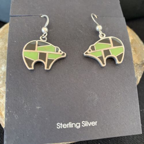 Navajo Green Gaspeite & Onyx Bear Inlay Earrings | Sterling Silver | 0.25" | 1512