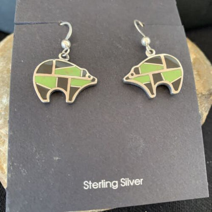 Navajo Green Gaspeite & Onyx Bear Inlay Earrings | Sterling Silver | 0.25" | 1512