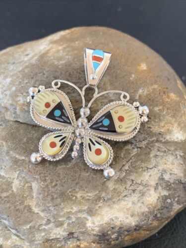 Zuni Blue Turquoise Coral Mother of Pearl Butterfly Inlay Pendant Necklace | Sterling Silver | 11969
