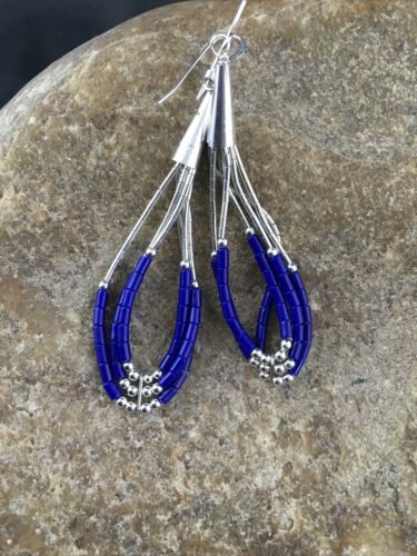 Native American Handmade Sterling Silver Heishi Dangle Earrings | Blue Lapis | 2" | 1965