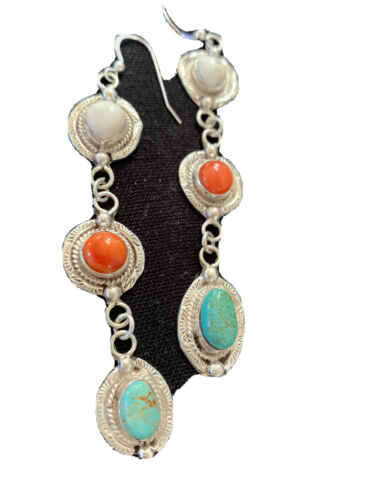 Navajo Spiny, Turquoise & Howlite Dangle Earrings | Sterling Silver | Authentic Native American Handmade | 1570